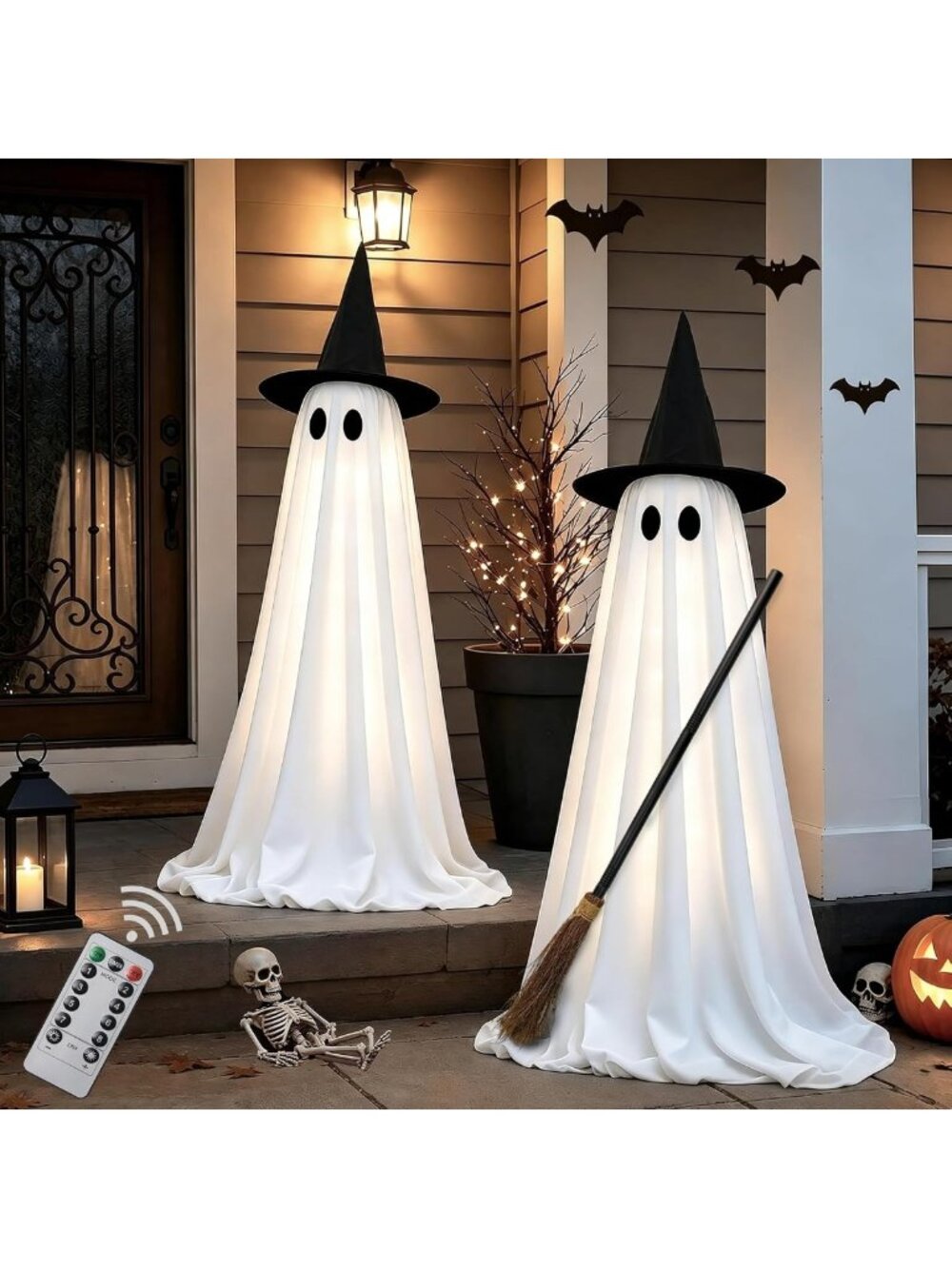 Light Up Halloween Ghost Decorations - 2 Pack Indoor Spooky Decor with Broom